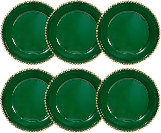 Green Charger Plates, 13 Inch Plastic Beaded Chargers for Dinner Plates, Party, Wedding, Birthday. Table Setting, (Set of 6)