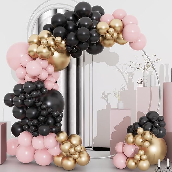 Black Pink and Gold Balloons Arch Kit, 134pcs 18/12/10/5inch Black Pastel Pink Chorme Gold Balloons Garland for Princess Birthday Wedding Bridal Baby Shower Bachelorette Mother's Day Party Decorations