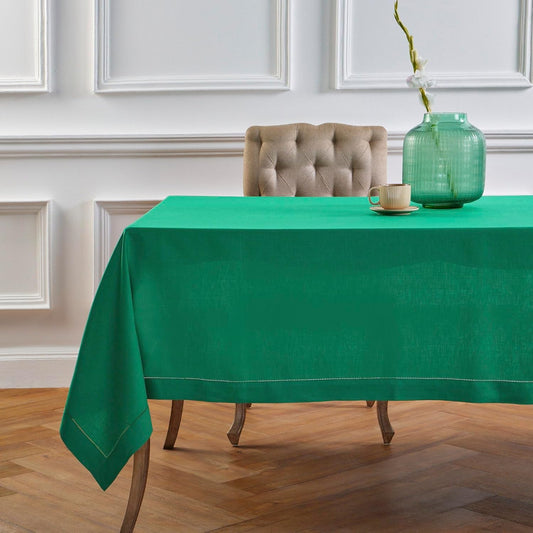 Solino Home Linen Emerald Green Tablecloth 52 x 52 Inch - 100% Pure Linen Square Table Throw - Classic Hemstitch, Machine Washable Table Cloth for Christmas