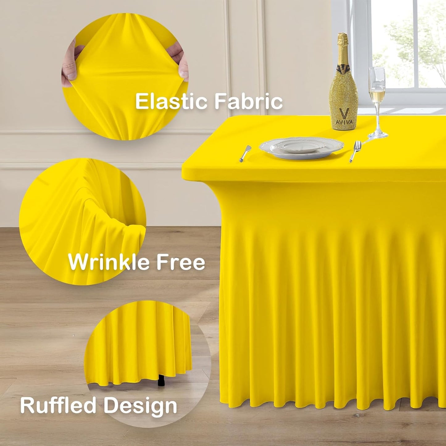4pk Yellow Spandex Tablecloths 6ft for Rectangle Tables, Wrinkle Free Classy Table Skirt Stretchy Fitted Table Cloths Covers 6 Foot for Weddings Birthday Party Events Banquette Baby Shower