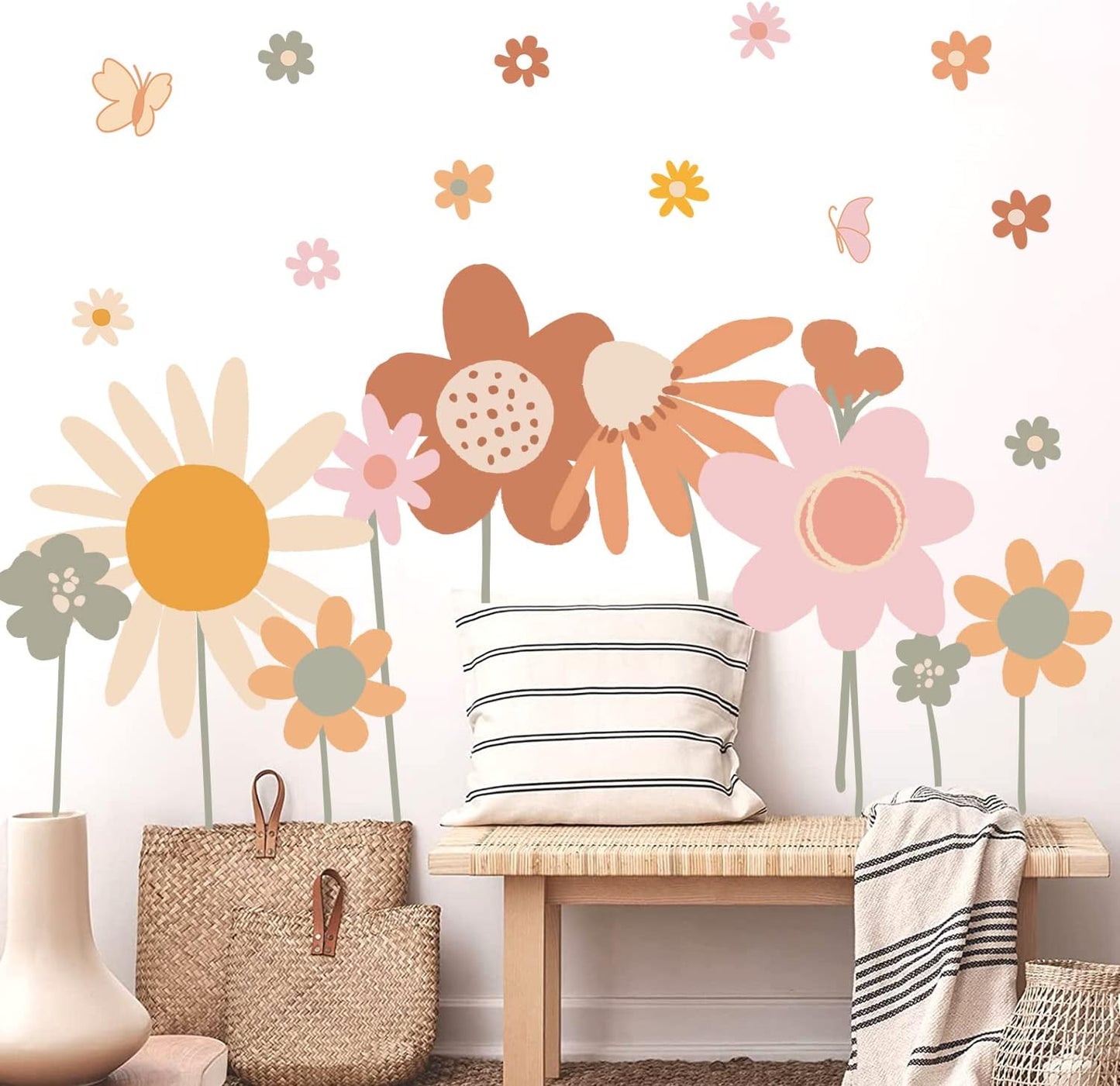 Supzone Colorful Flower Wall Stickers - Boho Retro Vintage Floral Art Decals for Bedroom, Living Room, TV, Office - Large Home Decoration