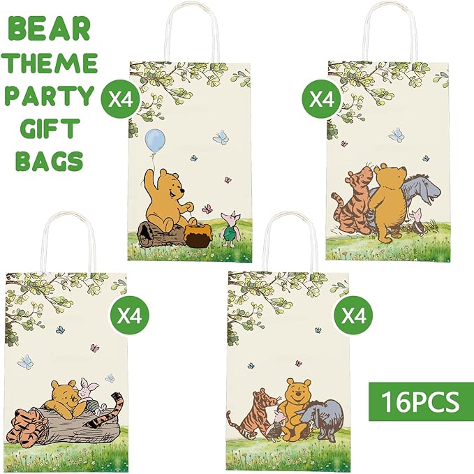 wjrsxilt Winnie Treat Bags - 16 PCS Paper Goodies Candy Bags Classic Bear Party Bag for the Pooh Baby Shower Present Bag Kids Party Decorations Supplies Decor