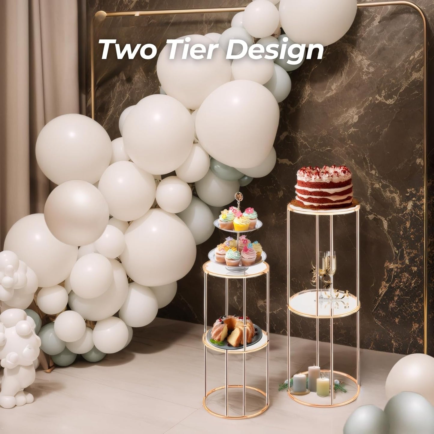 3PCS 2 Tier Round Gold Cake Stand for Party, Tall Metal Pedestal Stands for Display Decoration, Flower, Plant, Birthday, Wedding, Baby Shower, Bridal Shower, Cylinder Column for Desserts