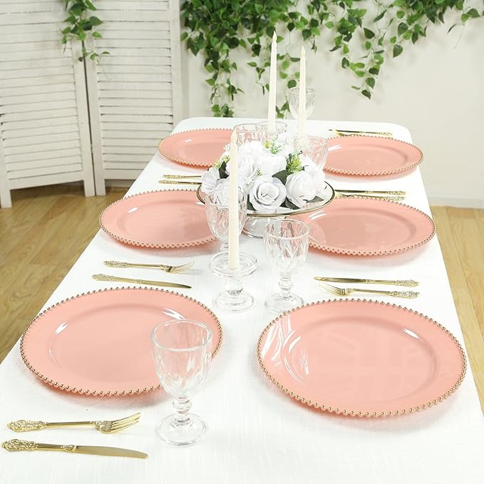 Efavormart 10-Pack Economy Plastic Charger Plates 13" Round Dusty Rose with Gold Beaded Rim - Stylish Dinner Party Serving Plates