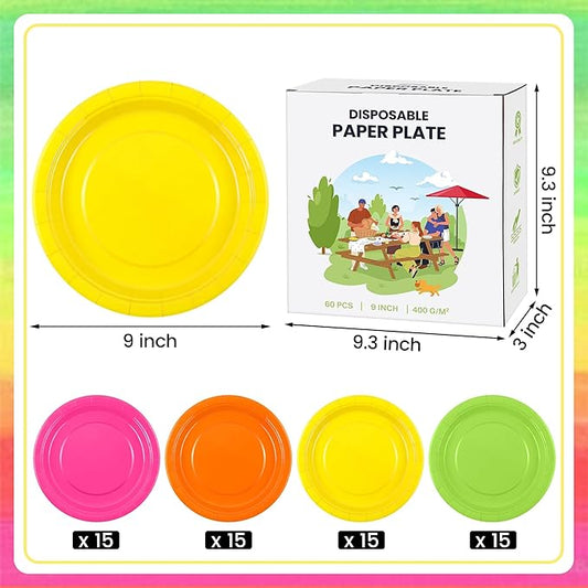 Kochorie 60 Pieces Neon Disposable Paper Plates 9 Inch Heavy Duty Dinner Plates, Solid Color, Table Decorations Party Supplies for Birthdays, Weddings, Daily Use