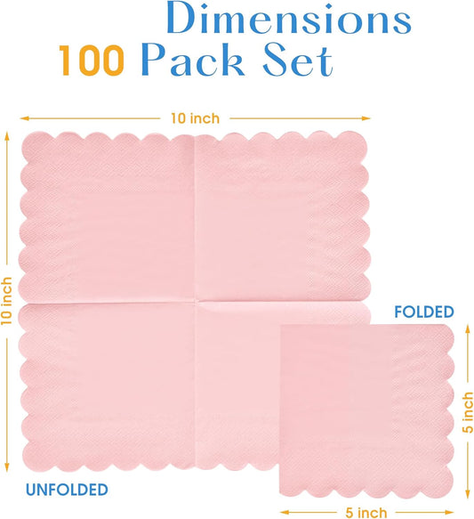 100 Pack Cocktail Napkins, 3-Ply Scalloped Edged Wedding Napkins Folded 5 x 5 Inches Dessert Napkins, Disposable Napkins for Dinner Birthday Party Bridal Anniversary Baby Shower Reception (Pink)