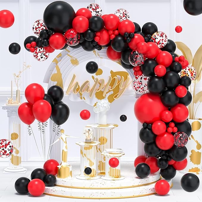 Red and Black Balloons Arch Kit,130pcs Black and Red Balloon Garland,Different Sizes Red Latex Balloons for Birthday New Years Graduation Bachelorette Poker Casino Prom Party Decoration