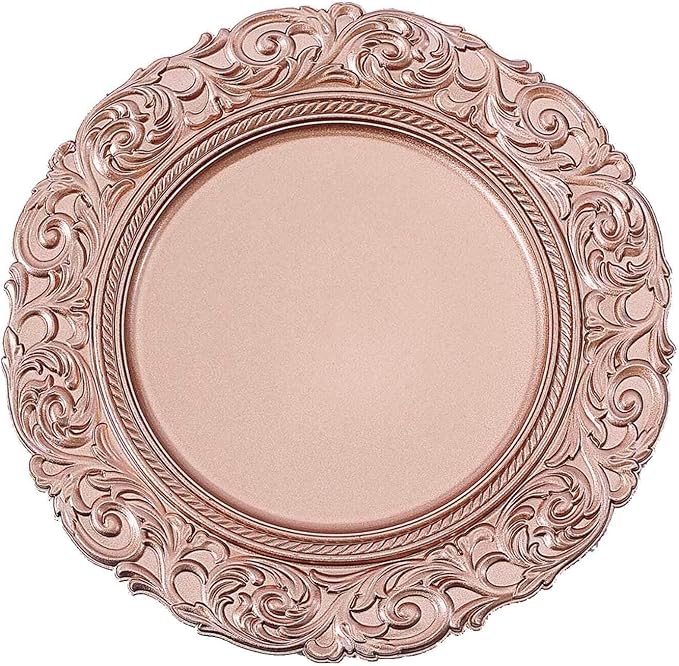 Efavormart Set of 6 ROSE GOLD 14" Round Plastic Charger Plates With Engraved Baroque Design Rim For Wedding Party Events