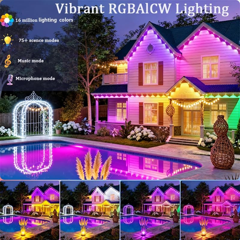 Permanent Outdoor Lights 54ft Smart Outdoor Christmas Lights with RGBCW 36 LED IP67 Waterproof Eaves Lighting with 213 Modes for Halloween Christmas Birthday Holiday Party APP/Remote Control