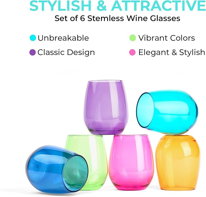 pop design Premium Unbreakable Stemless Wine Glasses – Set of 6 Durable BPA-Free Shatterproof Acrylic Glasses, 16oz Reusable Drinkware for Wine, Champagne, Cocktails, Home Bar & Outdoor Use