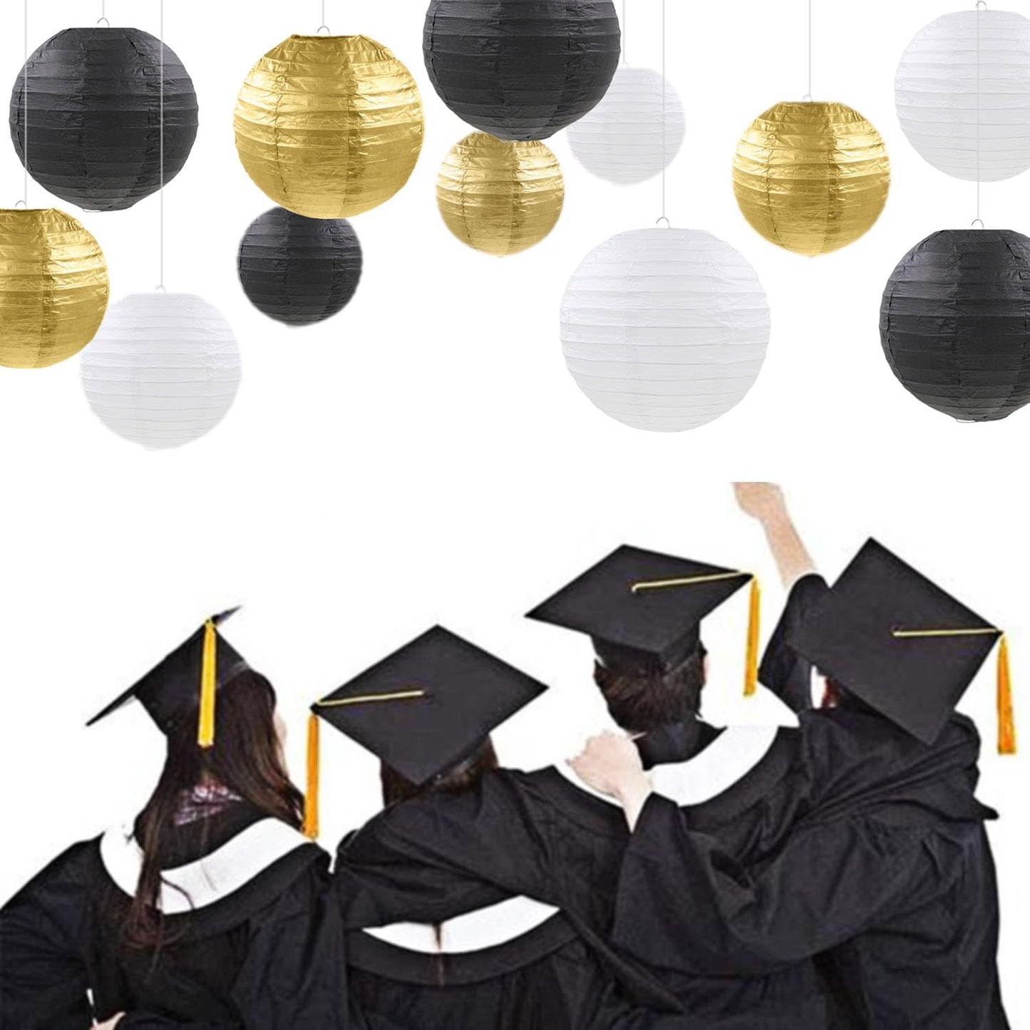 12 Pcs Black Gold White Paper Lanterns Black Gold Hanging Paper Lanterns for New Year Wedding Graduation Anniversary Birthday Party Home Graden Decor