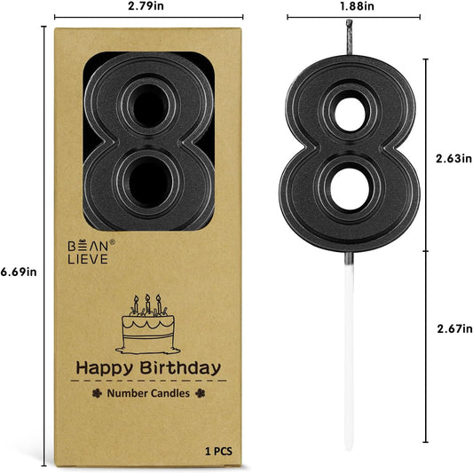 BEAN LIEVE Black Birthday Candles Number 8, Black Number Candles, Cake Number Candles for Birthday Parties and Wedding Anniversary Celebrations