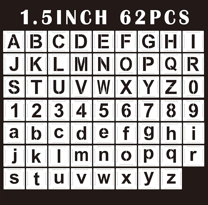 Mossdecal Letter Stencils Kit 1.5 Inch, Reusable Plastic Letters and Numbers Interlocking Stencil Set 62 Pcs, Plastic Stencils for Wood Signs, Wall, Fabric, Chalkboard, Signage, DIY School Projects