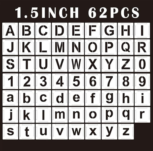 Mossdecal Letter Stencils Kit 1.5 Inch, Reusable Plastic Letters and Numbers Interlocking Stencil Set 62 Pcs, Plastic Stencils for Wood Signs, Wall, Fabric, Chalkboard, Signage, DIY School Projects
