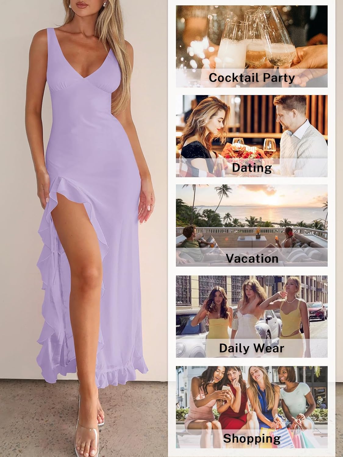Women Sexy V Neck Sleeveless Mesh Ruffle Hem Bodycon Maxi Casual Backless High Slit Cocktail Party Dress