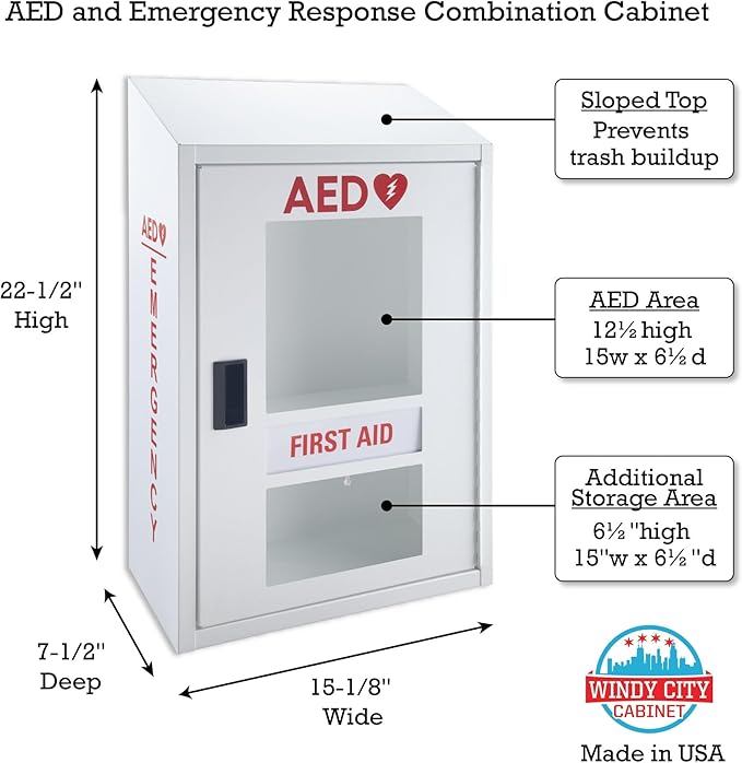 Automated External Defibrillator AED Cabinet with First Aid Kit Compartment | Wall Mount Compatible AED & First Aid Storage, Non-Alarmed, Steel | Home, School, Business, Gym | AED Not Included