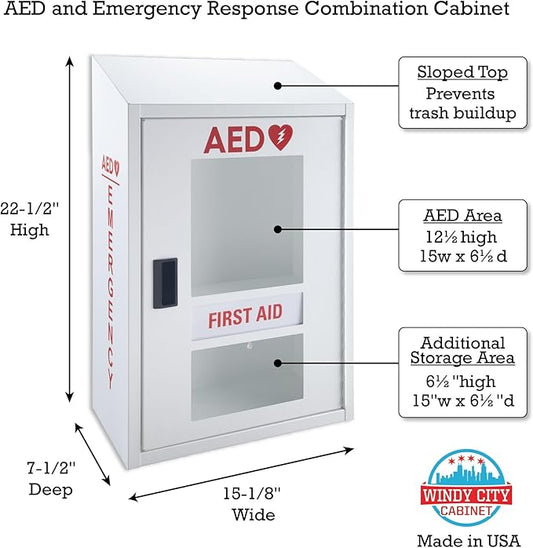 Automated External Defibrillator AED Cabinet with First Aid Kit Compartment | Wall Mount Compatible AED & First Aid Storage, Non-Alarmed, Steel | Home, School, Business, Gym | AED Not Included
