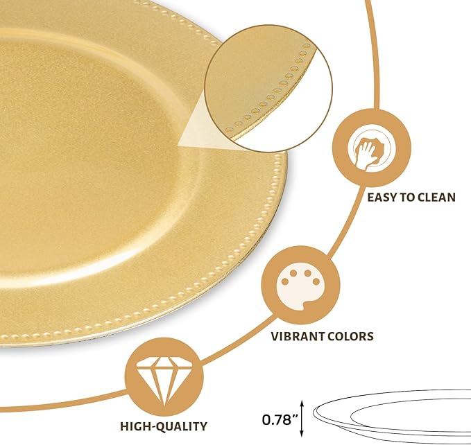 MAONAME 13" Gold Charger Plates Set of 6, Round Charger for Dinner Plates, Plate Chargers with Beaded Rim, Plastic Table Chargers for Wedding, Party