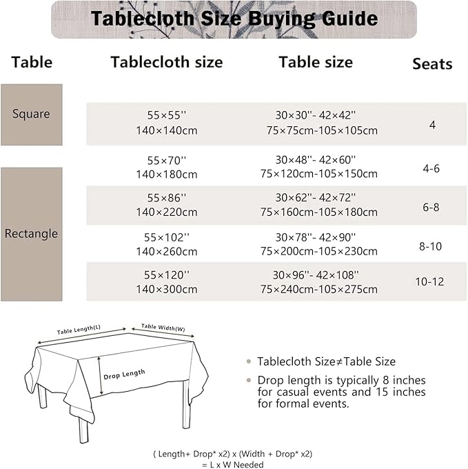 Joyfol Day Rustic Waterproof Linen Tablecloth, Heavy Weight Fern Embroidery Table Cloths for Square Tables, Farmhouse Spill-Proof Table Covers with Tassels, Blue 55''x 55''