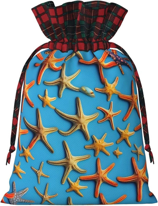 PULaif Blue Background With Many Starfish Christmas Drawstring Gift Bags, Large Size Christmas Bags For Gifts Party Favors, Xmas Gift Bags