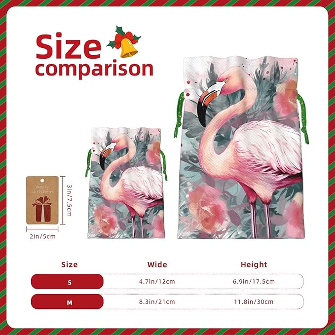 QSMJKLD Drawstring Christmas Gift Bags Vintage Boho Flamingo Florals Gift Bag Burlap Xmas Candy Pouch Reusable Christmas Wrapping Bag Xmas Party Favor Bags for Holiday Wrapping Presents Medium