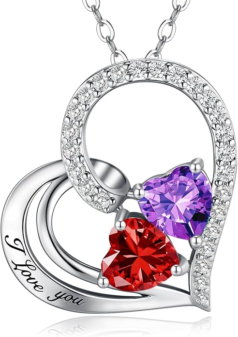 Double Birthstone Heart Necklace 0.8CT Dual-Gemstone S925 Sterling Silver Plated White Gold Engraved I Love You Perfect Anniversary/Valentine's Day Gift for Wife/Girlfriend/Mom/Daughter