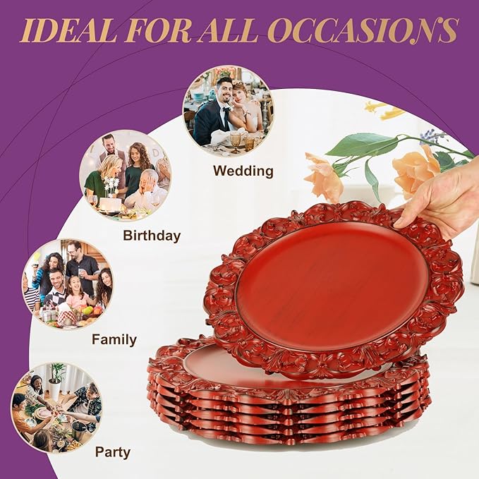 Gifturbo 13" Antique Red Charger Plate Set of 6, Chargers for Dinner Plates with Embossed Rims, Round Plastic Plate Chargers for Christmas, Wedding, Elegant Tableware Decoration
