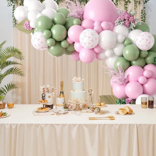 Sage Green Pink Balloons Garland, Green Pink Balloon Arch Kit with Bow White Latex Balloons for Baby Shower Birthday Bridal Wedding Party Decoration