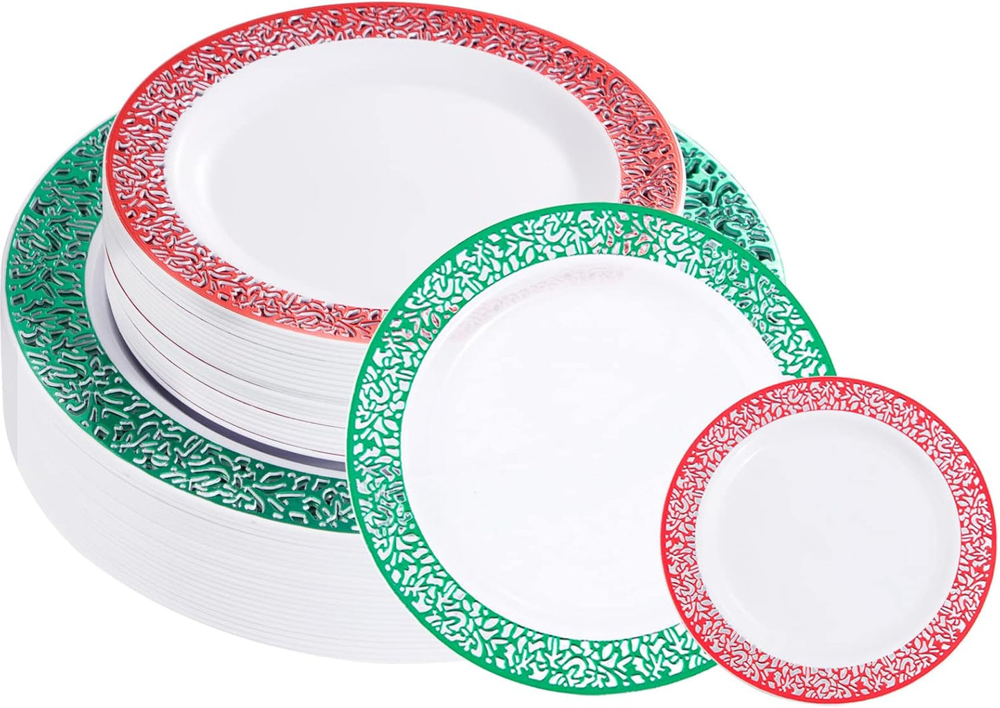 Rubtlamp 60PCS Christmas Plastic Plates, Red Lace Disposable Plates, White Heavy Weight Plates Sets Includes 30 Fancy Salad Platos 7.5”,30 Green Dinner Platos 10.25” For Christmas Party Wedding