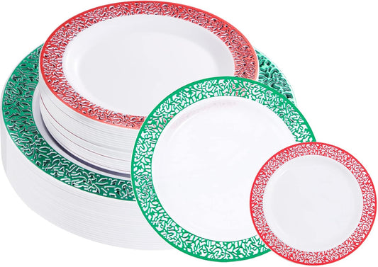 Rubtlamp 60PCS Christmas Plastic Plates, Red Lace Disposable Plates, White Heavy Weight Plates Sets Includes 30 Fancy Salad Platos 7.5”,30 Green Dinner Platos 10.25” For Christmas Party Wedding
