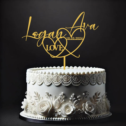 Custom Cake Toppers with Name - Wreath & Heart Design for Couples' Wedding, Engagements & Anniversaries