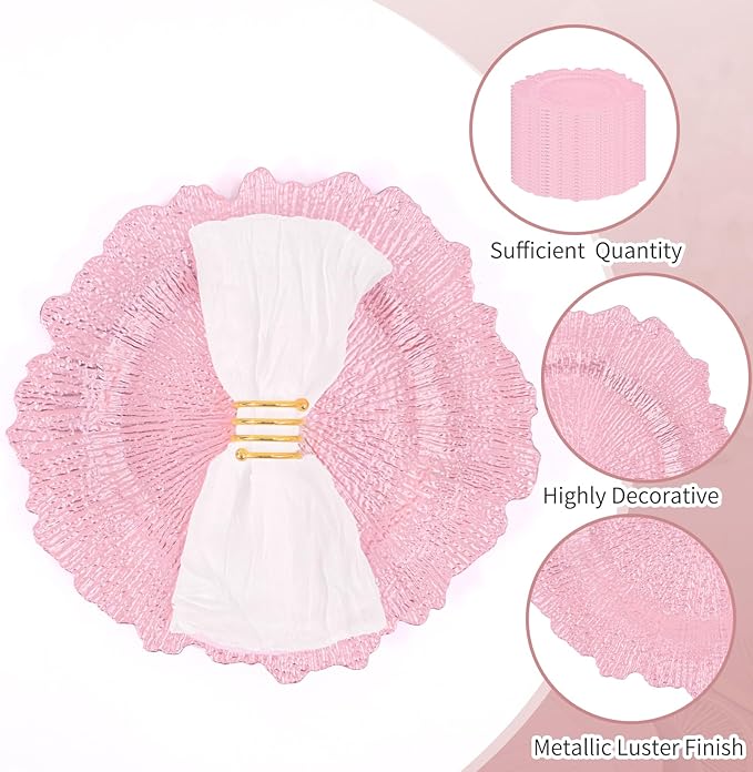 Teruntrue 50 Pcs Pink Charger Plates Bulk 13 Inch Plastic Charger Plates for Dinner Plate, Pink Chargers for Table Setting, Reef Design Plate Floral Decorative Round Chargers for Wedding Party Event
