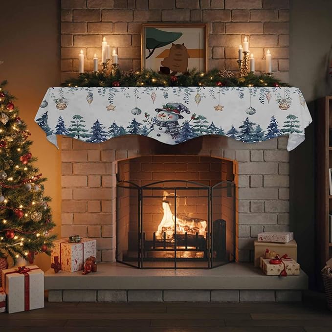 Blue Snowman Christmas Fireplace Mantel Scarf Table Runner, Green Eucalyptus Leaves Xmas Tree Winter Garland Mantel Top Tablerunners Dresser Scarves Cover for Windows Party Living Room 60''x17''