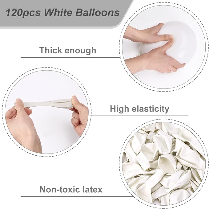 RUBFAC 120pcs Balloons for Birthday Baby Shower Graduation Anniversary Wedding Party Supplies Garland Arch Decoration,12 Inches,White