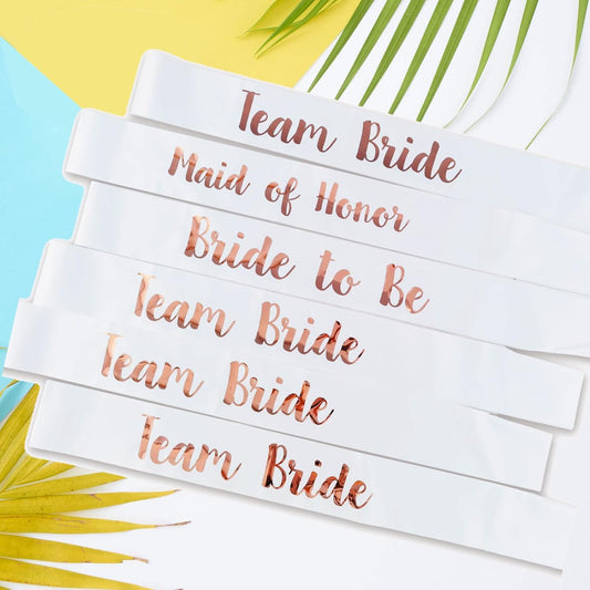 6 PACK Bachelorette Sashes for Bride and Bridesmaid, White Maid of Honor Team Bride Sashes for Bridal Shower or Bachelor Party Decorations, Rose Gold Letter