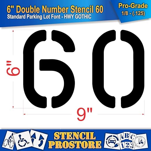 Pavement, Curb, and WheelStop Stencils - 6 inch Double Number Stencil - (60) - 6" x 9" x 1/8" (128 mil) - Pro-Grade