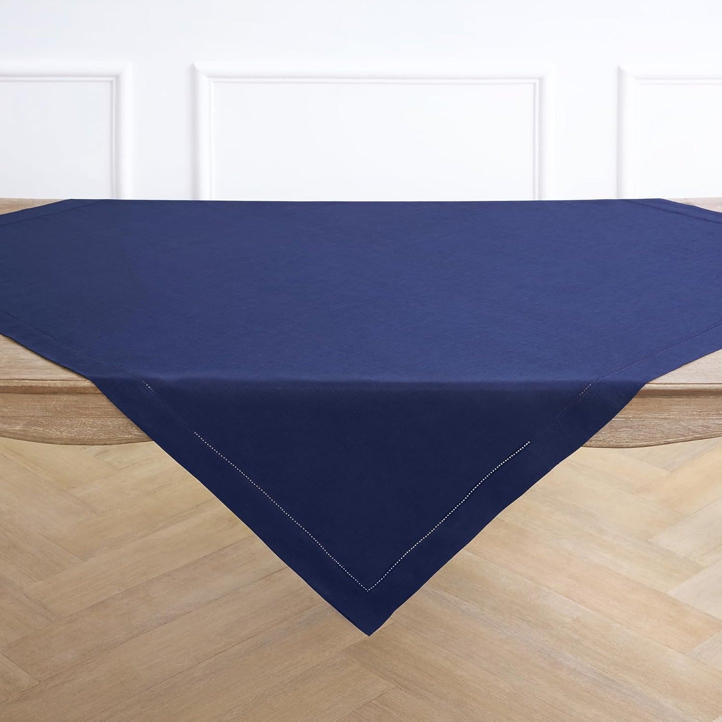 Solino Home Navy Blue Linen Tablecloth 52 x 52 Inch - 100% Pure Linen Square Table Throw - Classic Hemstitch, Machine Washable Table Cloth for Fall, Autumn, Thanksgiving, Christmas, Holiday