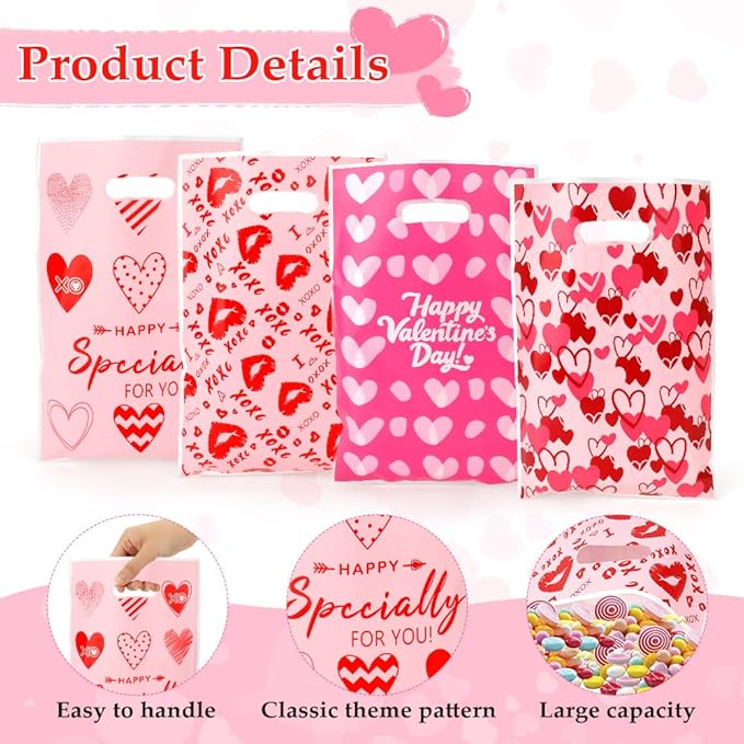 Valentines Treat Bags, 50 PCS Valentines Gift Bags with Handles, 7x10 Inch Plastic Happy Valentine's Day Goodie Cookie Candy Bag for Valentine's Day Wedding Anniversary Engagement Party Favor Supplies