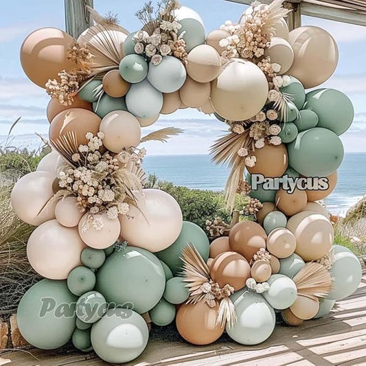 Dusty Green Tan Balloon Arch Kit Double Stuffed, Light Sage Green White Sand Brown Apricot Pastel Neutral Balloon Garland for Boho Baby Shower Birthday Wedding Woodland Wild One Gender Reveal Party