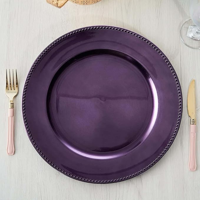 Efavormart 6 pcs 13" Purple Beaded Round Charger Plates for Tabletop Decor Holiday Wedding Catering Event Decoration