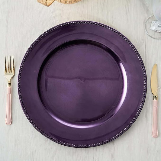 Efavormart 6 pcs 13" Purple Beaded Round Charger Plates for Tabletop Decor Holiday Wedding Catering Event Decoration