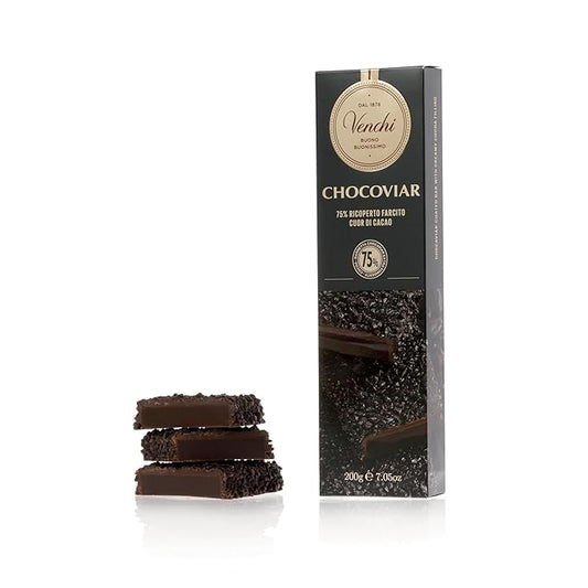 Venchi Chocoviar Soft Bar 7.05 oz - Extra Dark chocolate Shell filled with Cuor di Cacao with Chocoviar 75% - Gluten Free - Vegan Friendly