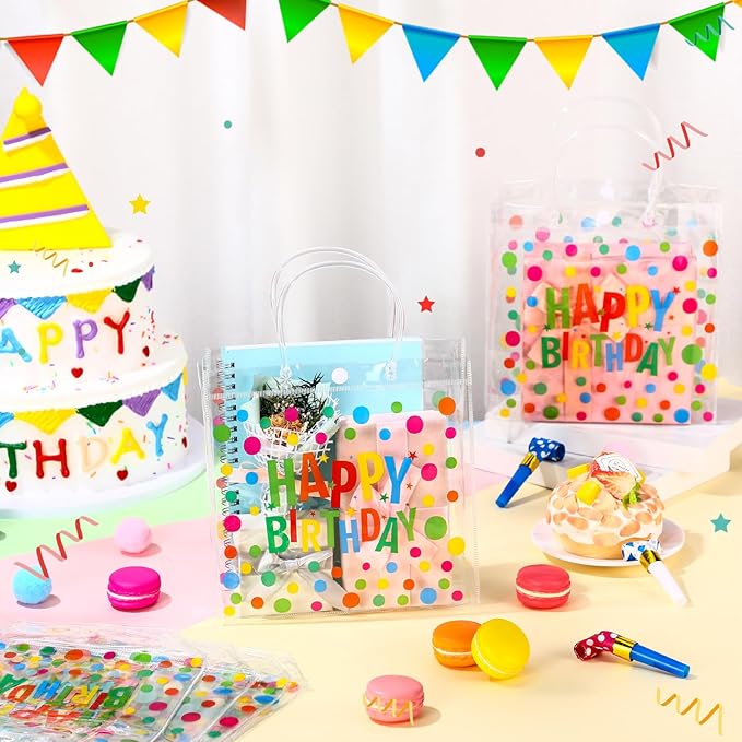 Kacctyen 24 Pcs Birthday Gift Bags for Party Favor Clear Birthday Goodie Bags with Handle 7.87 x 7.87 x 3.15 Return Gift Wrap Totes for Guests Treat Candy Wrapping
