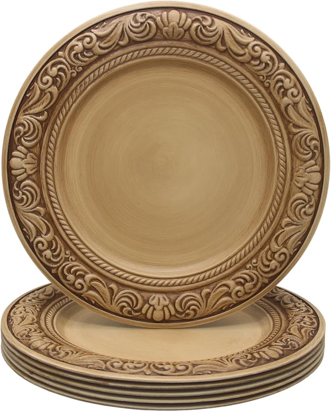 13-Inch Vintage Embossed Charger Plates, Set of 6 - Decorative Antique Gold Plastic Underplates for Dinner Party, Wedding, and Holiday Table Decor - Durable & Reusable Service Plates
