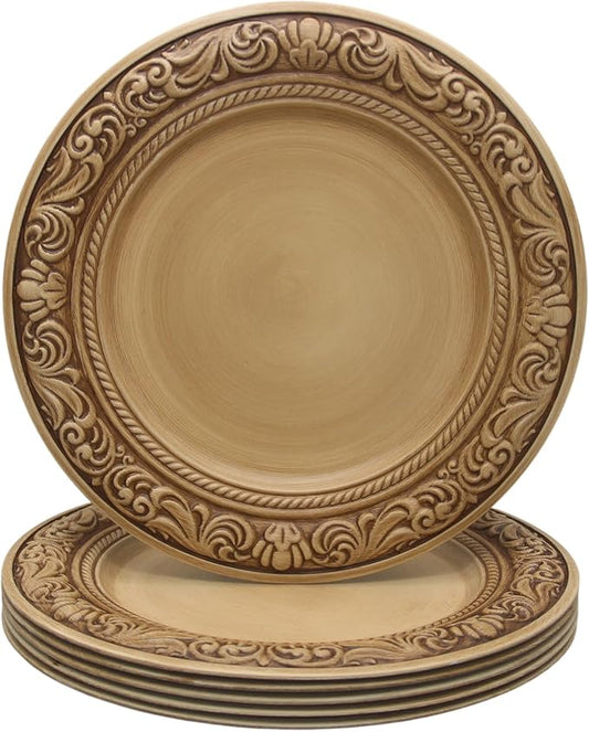 13-Inch Vintage Embossed Charger Plates, Set of 6 - Decorative Antique Gold Plastic Underplates for Dinner Party, Wedding, and Holiday Table Decor - Durable & Reusable Service Plates