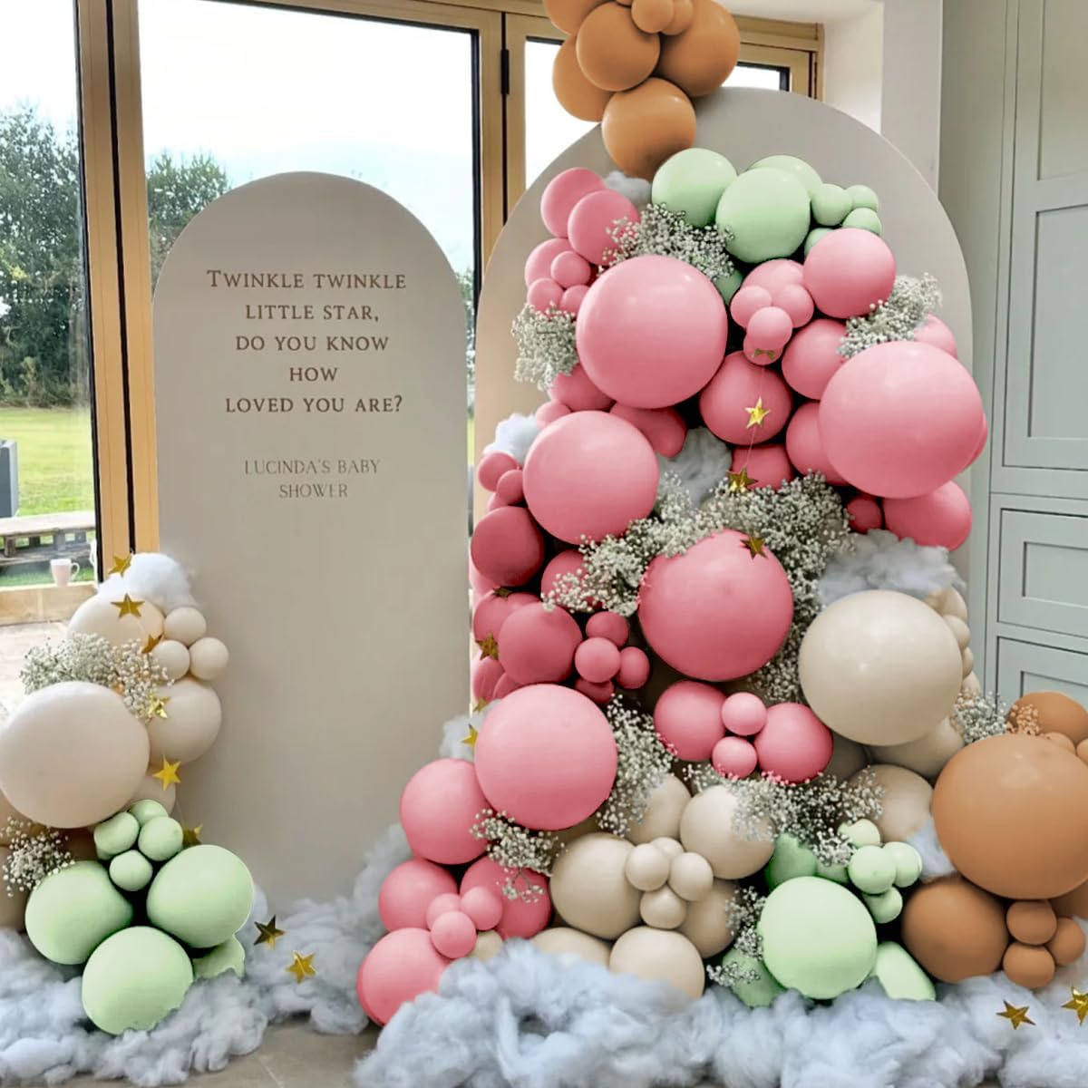 Sage Green Pink White Brown Balloons Garland Arch Kit, 160Pcs Boho Dusty Green Cherry Blossom Pink White Sand Brown Balloons for Girl Bridal Baby Shower Wedding Birthday Party Decorations