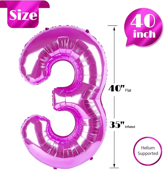 Rosy Purple 3 Balloon, Number Balloons 40 Inch, 3rd Birthday Decorations for Kids Girls Women Party Supplies for Party Decorations, Number 3 Balloon