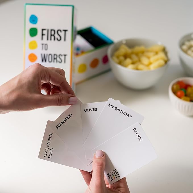 FIRST TO WORST Party Game - The Card Game About How Your Friends and Family Rank Things - White Elephant Gifts, Stocking Stuffers and Board Games Night with Friends with Polarizing Priorities