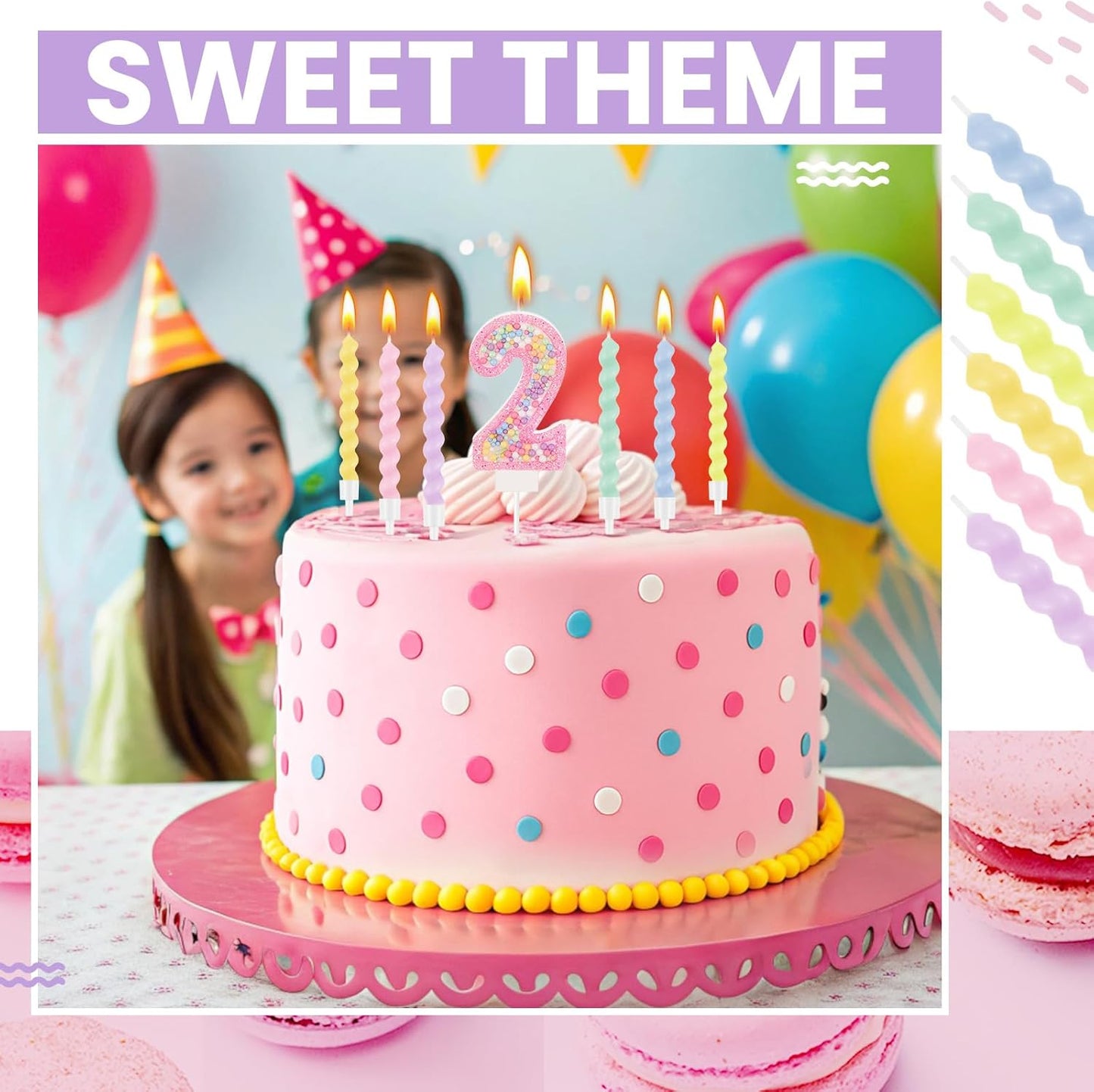 MTLEE Birthday Candle Macaron Glitter 3D Number Candle with 12 Pcs Rainbow Spiral Candles in Holders for Girl Boy Cake Topper Wedding Anniversary Pastel Sweet Theme Party Decoration(Pink,Number 2)