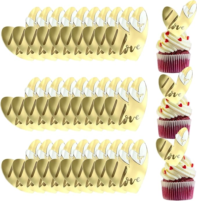 24 Pcs Love Heart Acrylic Cupcake Topper Cake Decoration Disc Mirror Acrylic Cake Topper Engraved Personalized Cake Topper for Valentine's Day Wedding Mother's Day (24, Gold)